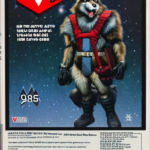 Image similar to 1 9 8 0 s video game art portrait of anthropomorphic wolf o'donnell from starfox fursona furry wolf in a dark space mercenary uniform, looking heroic, magazine scan, 8 0 s game box art, dark grey wolf o'donnell