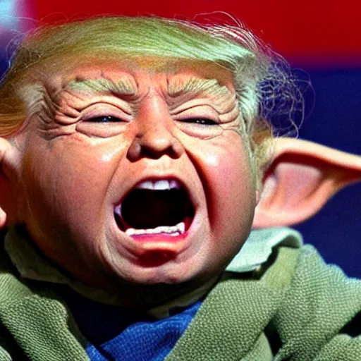 Image similar to donald trump screaming at baby yoda