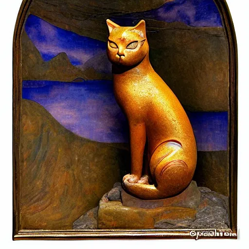 Image similar to cloisonne cat sculpture from a lost civilization, by annie swynnerton and diego rivera and nicholas roerich and jean delville and charlie bowater, symbolist, dramatic lighting, god rays, art brut, rich colors, smooth sharp focus, extremely detailed, adolf wolfli and ( donato giancola and bilibin )