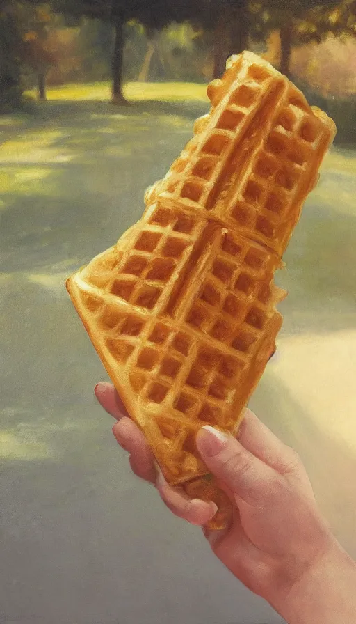 Prompt: still-life painting of hand holding a waffle cone (containing scoops of gelato) by Krøyer, lush garden in the background, golden hour, dramatic lighting, volumetric lighting, intricate detail, canvas print