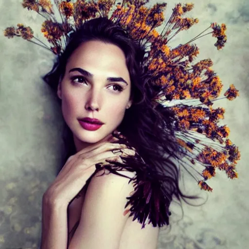 Prompt: fine art photo of the beauty gal gadot, she has a crown of dried flowers done by oleg oprisco