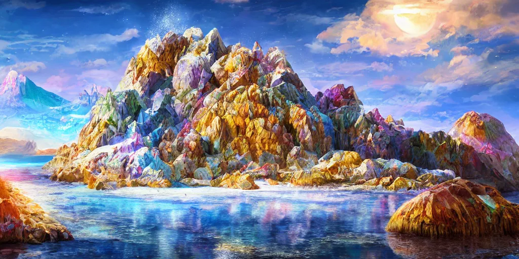 Image similar to a salt covered island surrounded by colourful rugged crystal quartz mountains, illustration, bright sunlight, sun glints, sunrays, digital art, hyperrealistic, oil painting, fantasy, 8 k, trending on artstation, detailed