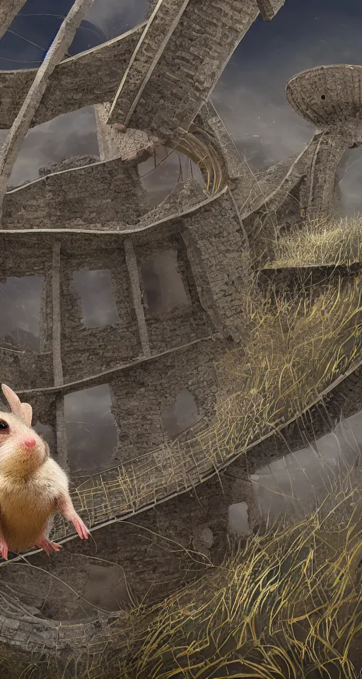 Image similar to close - up selfie shot of dwarf fat - tailed jerboa with rusty broken building constructions of a giant spiral upside - down staircase for multiple cases, leading to the sky, the ruins, in the steppe, summer field, misty background, from the game pathologic 2, highly detailed, sharp focus, matte painting, by isaac levitan and asher brown durand,