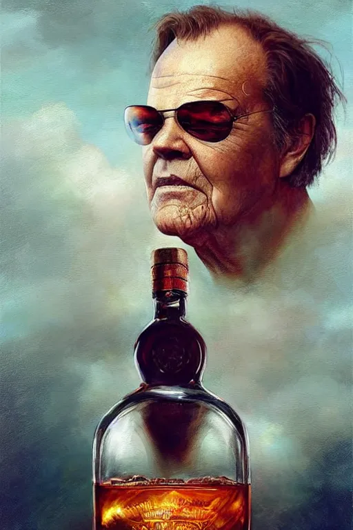 Image similar to a ship in a bottle but instead of a ship it is jack nicholson in the bottle, jack nicholson, whiskey bottle, masterpiece painting by artgerm, ruan jia, jakub rebelka, tom bagshaw