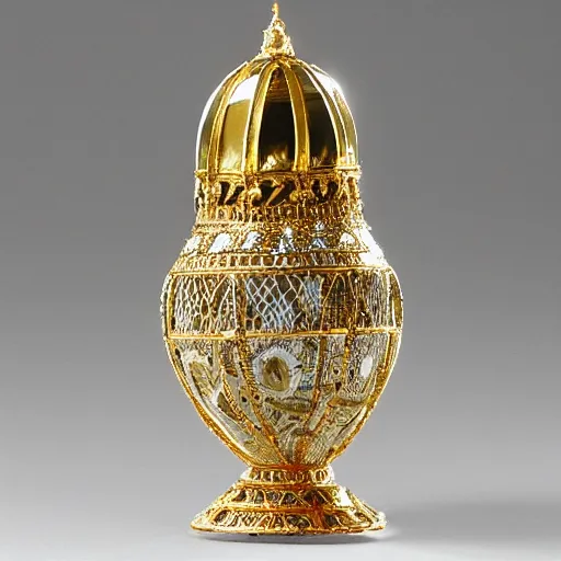 Image similar to a very detailed white marble Fabergé egg adorned with intricate golden lines, and small emerals