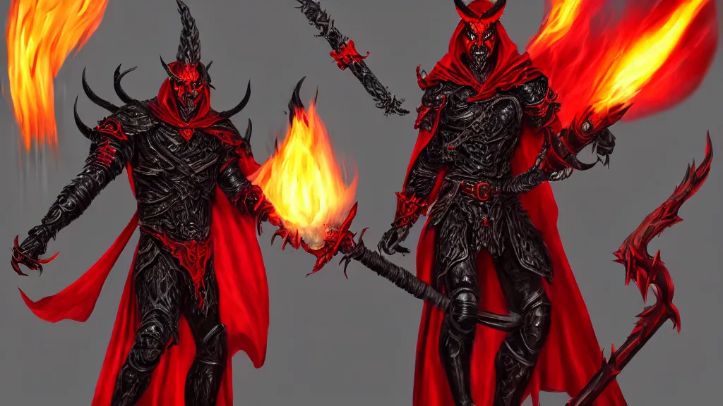 Prompt: male demon holding a flame sword, black metallic armor, red cape, detailed arms, intricate black armor, two arms, two legs, detailed fanart, rpg art, d&d art, macro art, digital art, DeviantArt, artstation, 8k HD