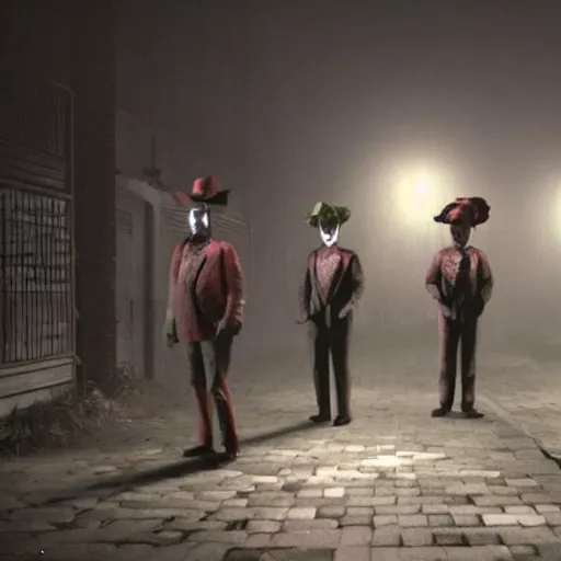 Prompt: a group of men dressed as clowns standing around a tv screen in a dark foggy alley in silent hill