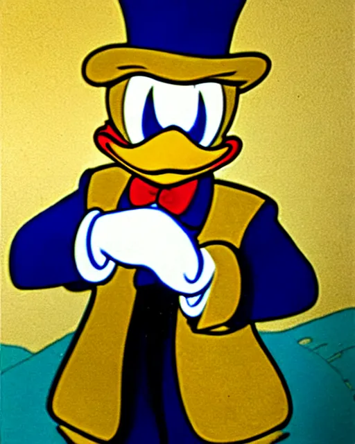 Image similar to Scrooge McDuck from the Duck Tales in blue costume standing on a mountain of golden gold and holding a cane, view from below, full body portrait including head, oil painting, highly detailed