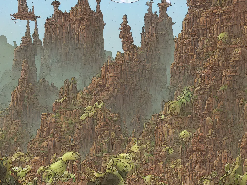 Prompt: temple, stone canyon, alien world, by Sam Bosma and Geof Darrow, science fiction, trending on artstation