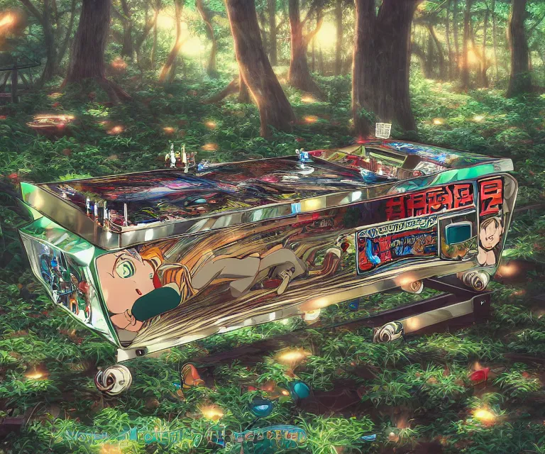 Image similar to pinball machine in a forest, anime fantasy illustration by tomoyuki yamasaki, kyoto studio, madhouse, ufotable, comixwave films, trending on artstation