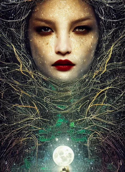 Image similar to glowing silver and golden elements, full close-up portrait, A beautiful dark witch in front of the full big moon, book cover, green forest, red white black colors, establishing shot, extremly high detail, foto realistic, cinematic lighting, pen and ink, intricate line drawings, by Yoshitaka Amano, Ruan Jia, Kentaro Miura, Artgerm, post processed, concept art, artstation, matte painting, style by eddie, raphael lacoste, alex ross