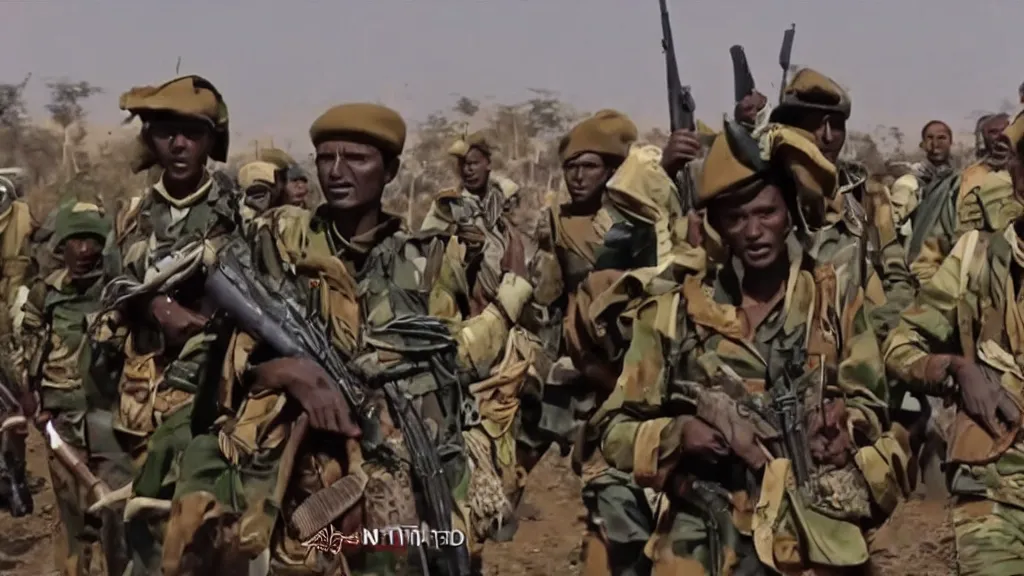 Prompt: Ethiopian TPLF guerilla army liberates Addis Ababa from the Derg, moody, dark, movie scene, hd, 4k, wide shot