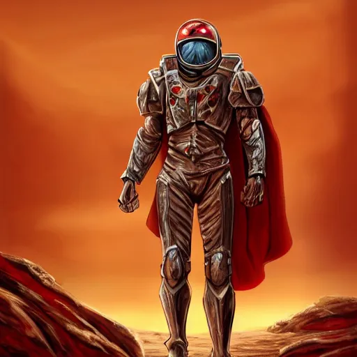 Image similar to a muscular soldier with vertical nose slits, angular eyebrows, wearing blood - spattered glossy sleek white dinged scuffed armor and a long torn red cape, heroic posture, battle - weary, strained expression, determined expression, no helmet, on the surface of mars, dramatic lighting, cinematic, sci - fi, hyperrealistic, detailed