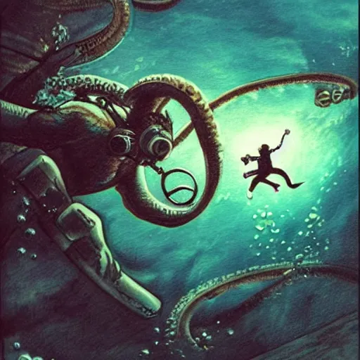 Image similar to old drawing of a scuba diver fighting against a kraken underwater, under water scenery, dramatic lighting, intense, epic, drawing