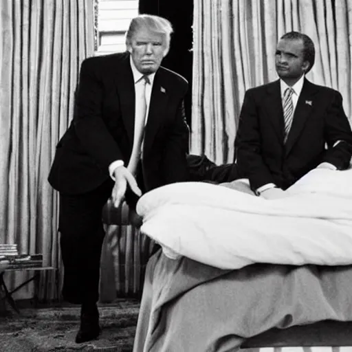 Prompt: Donald trump holding Herman Caine’s hand while he is in bed
