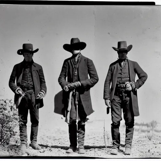 Prompt: a platinotype photo of three man from the old west going on an expedition to find a haunted burial ground and exhume it from a terrorizing creature