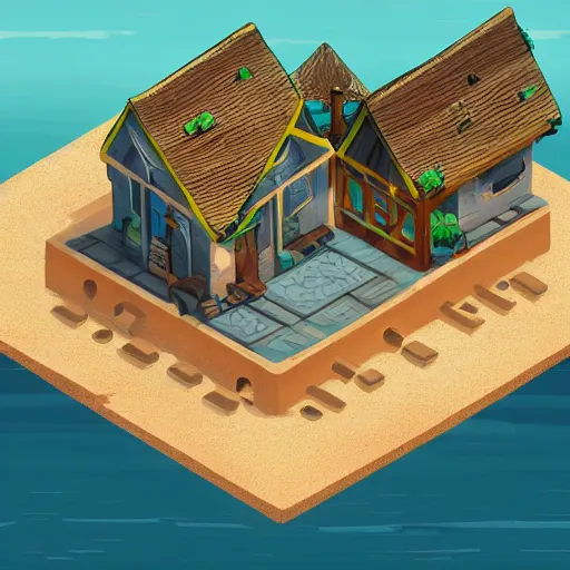 Prompt: a computer generated image of a house on a floating island, a screenshot by senior artist, artstation, lyco art, isometric, 2 d game art, behance hd