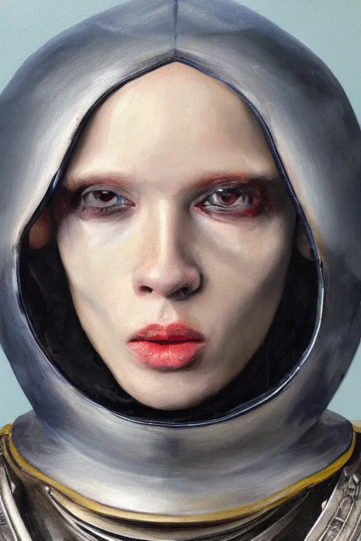 Image similar to hyperrealism oil painting, close - up portrait of albino medieval fashion model, knight, steel gradient mixed with nebula sky, in style of baroque