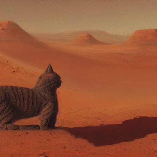 Image similar to painting of an ancient cat statue on mars surface, visible in distance, partially covered in dust, style of greg rutkowski