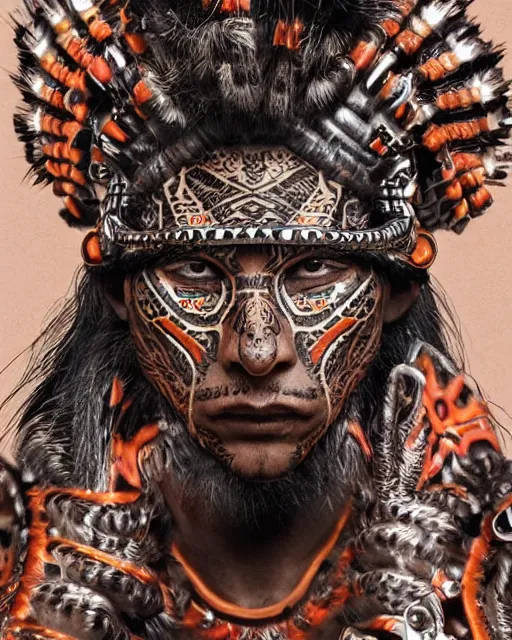 Image similar to editorial photo portrait of aztec jaguar warrior with glowing tribal futuristic tattoos on face, warrior body, photo by mario testino, cinematic, hyper detailed, micro details, insanely detailed, trending on artstation, concept art, insanely detailed and intricate