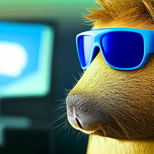 Prompt: portrait, profile picture of capybara holding gun, wearing sunglasses in a dark surveillance control!!! room, face illuminated by the dim light from computer screen f 1. 8. 8 k. from the new pixar movie