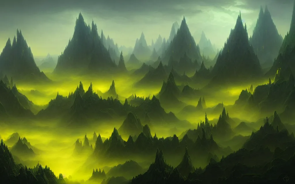 Prompt: a beautiful highly detailed matte painting of green and yellow organic spires in fog by Jose Daniel Cabrera Pena and Leonid Kozienko, Noah Bradley concept art