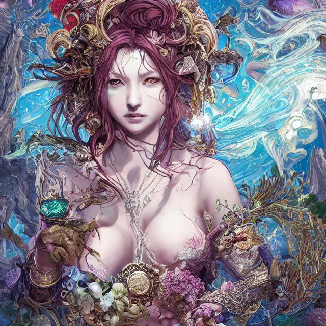 Image similar to the portrait of chaotic good female druid alchemist as absurdly beautiful, gorgeous, elegant, young gravure idol, an ultrafine hyperdetailed illustration by kim jung gi, irakli nadar, intricate linework, sharp focus, bright colors, octopath traveler, final fantasy, unreal engine 5 highly rendered, global illumination, radiant light, detailed and intricate environment
