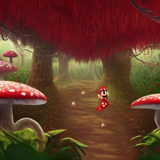 Image similar to a magical forest of giant red and white spotted mushroom, exotic foliage, Mario walking along path, mushroom kingdom theme, piranha plants hanging from vines, artstation, matte painting, colorful, beautiful, cinematic lighting