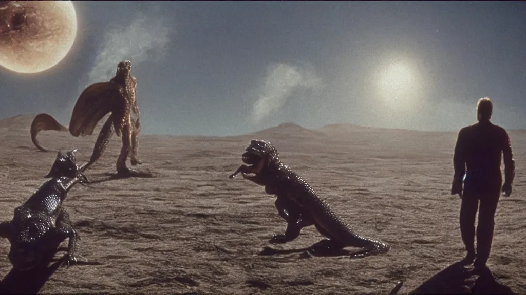 Image similar to movie scene of a man and a draconian humanoid on a space planet, reptil, reptilian, movie still, cinematic composition, cinematic light, criterion collection, reimagined by industrial light and magic, Movie by David Lynch and Ridley Scott