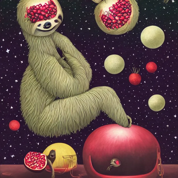 Image similar to sloth enjoying a pomegranate floating though space, starry background, surreal, dark, in the style of mark ryden