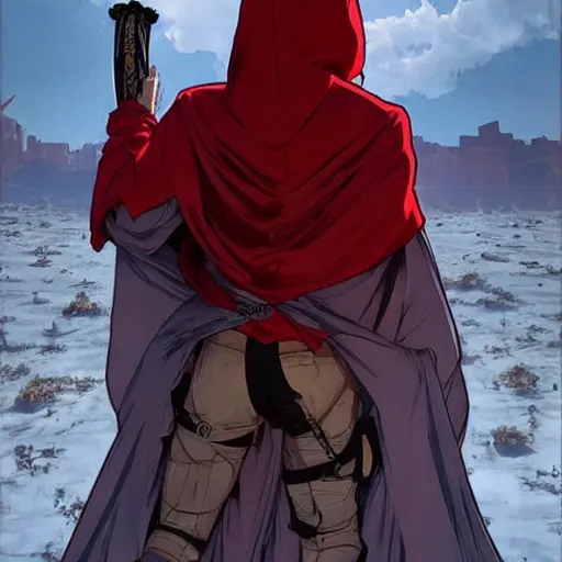 Image similar to view from the back shadow warrior holding twin swords, male villian, full body worn out torn cape, red hoodie, worn out clothes, floating spiral sand, desert, full body shot, anime style, 90's modern art, art by artgerm and greg rutkowski and alphonse mucha