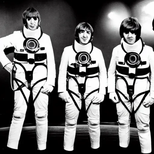 Image similar to the beatles as astronauts, black and white photo, high quality, epic, cinematic, heroes