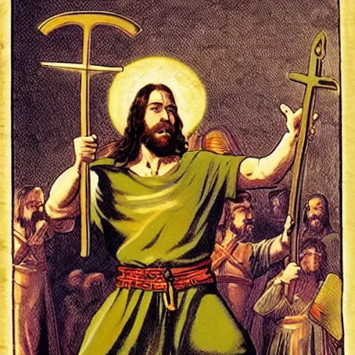 Prompt: Jesus Christ as a viking holding a battle axe yelling and raising his arms