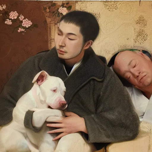 Image similar to tired white pitbull puppy curled up on a japanese man's lap, highly detailed painting, cozy aesthetic