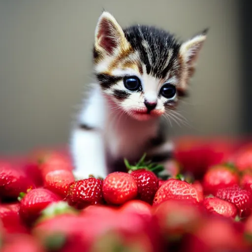 Image similar to macro shot photograph of an extremely tiny baby kitten on top of a giant strawberry