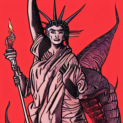 Image similar to Lady Liberty riding the red dragon of 龙, illustration, concept art, in the style of Arthur Adams