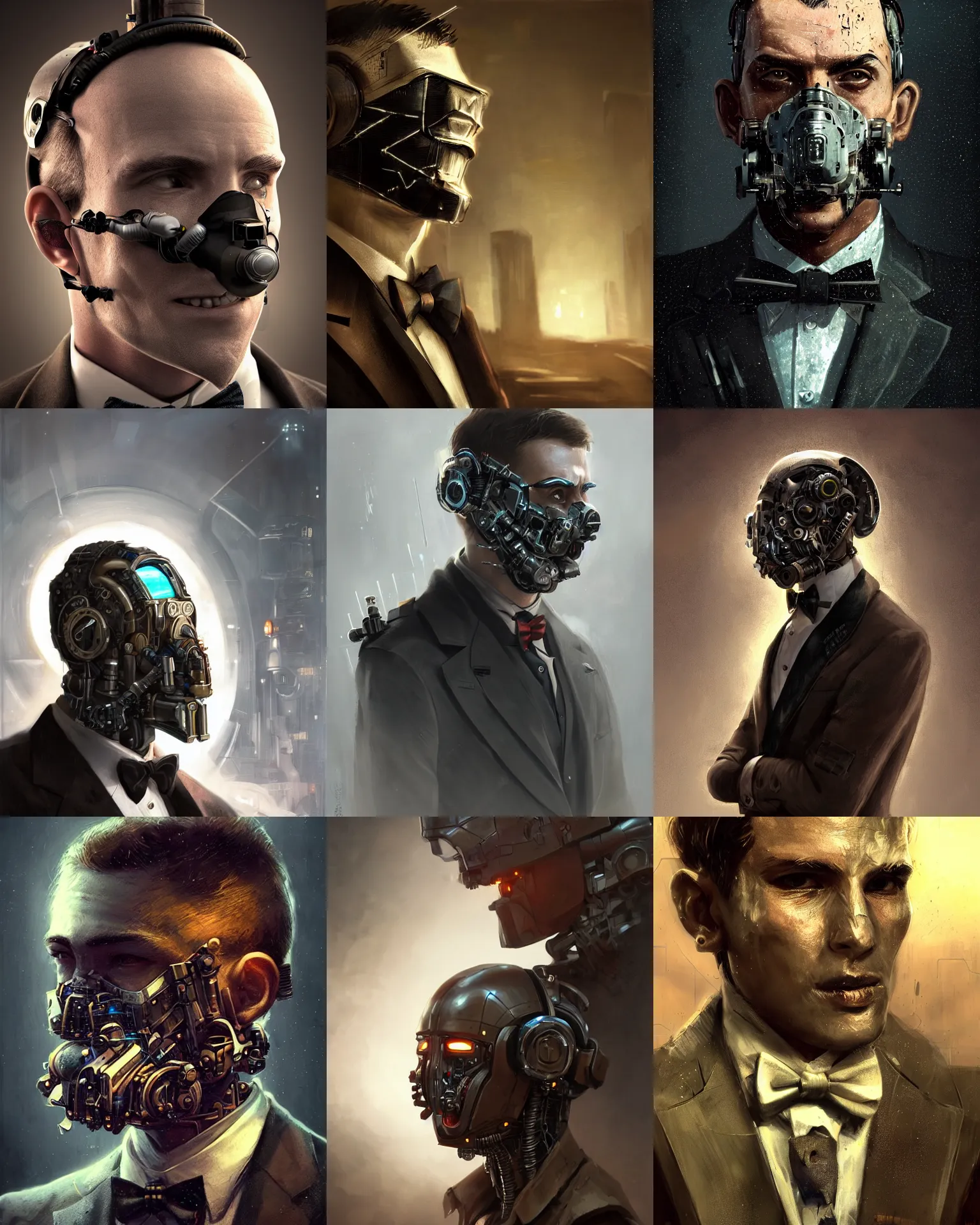 Image similar to a rugged young engineer man with cybernetic enhancements wearing a suit and bowtie, detailed mask, scifi character portrait by greg rutkowski, esuthio, craig mullins, 1 / 4 headshot, cinematic lighting, dystopian scifi gear, gloomy, profile picture, mechanical, half robot, implants, steampunk