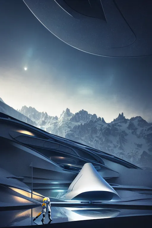 Image similar to a futuristic scene with an astronaut in front of a zaha hadid building in the french alps @ in the style of chris moore, cinematic matte painting, extreme detail photo quality, dark moody colors, featured on behance