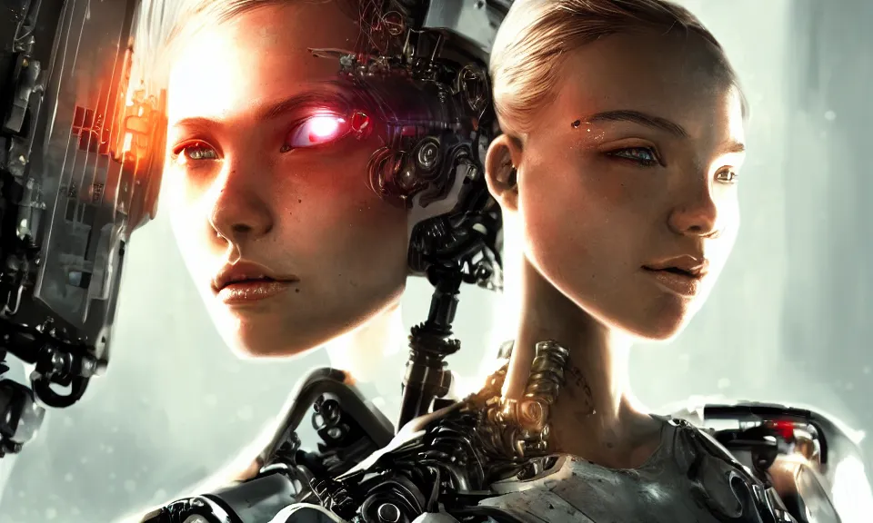 Prompt: a beautiful young girl with a cyborg body Fight with terminator, fine details, cyberpunk, realistic shaded Perfect face ,featured in cinematic, elegant, highly detailed,artstation,illustration, 8k