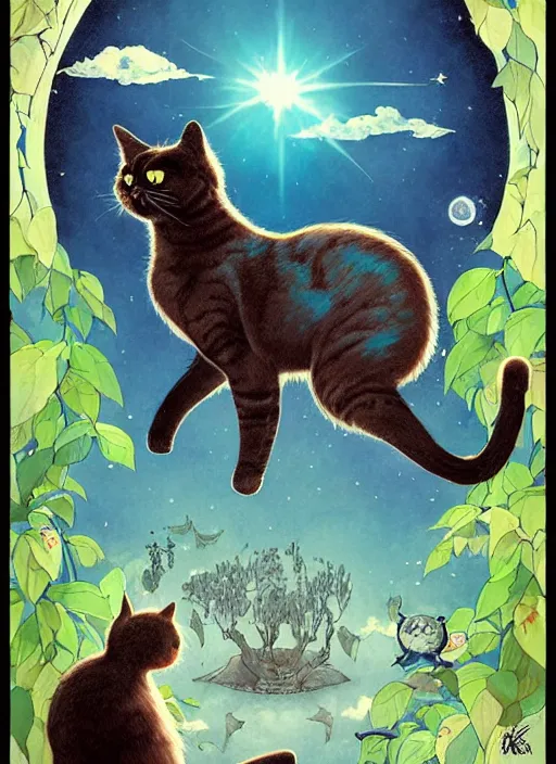 Image similar to a hyper realistic ink cat and the meaning of life and sunbeams blue sky, lush forest poster art by chiara bautista and kim jung giu and norman rockwell and greg rutkowski weta studio, and lucasfilm