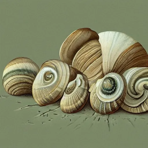 Image similar to snails in their shell by Hamid Savkuev, close-up, botanical illustration