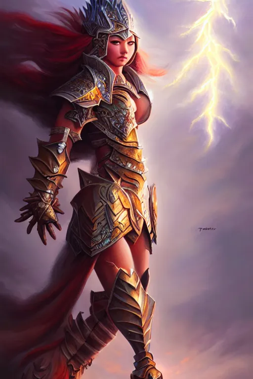 Prompt: oil painting, sakimi chan, fantasy armor, detailed face, feet, white skin, dramatic lighting, tony sart, wind, lightning