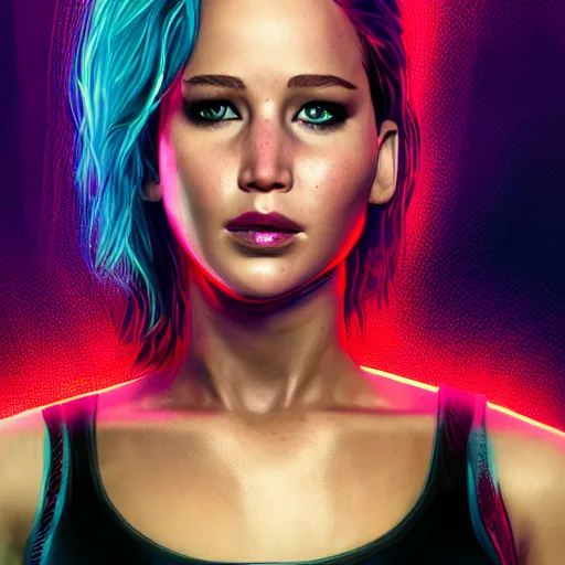 Image similar to jennifer lawrence portrait, cyberpunk 2 0 7 7, cyberpunk judy alvarez, photorealistic, ultra detailed, neon, octane, bokeh, cinematic lighting, cyber, cyberpunk city, studio quality, feature, scars, cyberface, 8 k