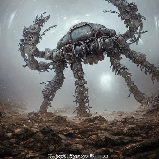 Image similar to giant armored ashigaru beetle war construct golem, glowing gnostic brian froud markings, magic and steam - punk inspired, in an ancient stone circle on a plateau in a blizzard, kanji markings, concept painting by jessica rossier, hr giger, john berkey