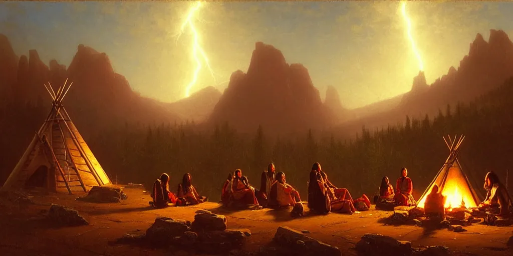 Prompt: some old native americans sitting together at a fire in front of some tipis, beatiful mountain background, cyberpunk, by albert bierstadt, by greg rutkowski, highly detailed, warm lightning, digital painting