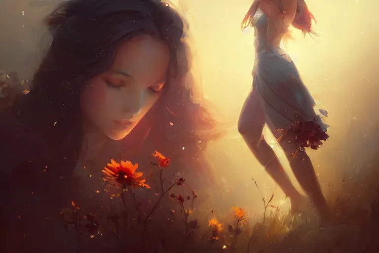 Prompt: a beautiful painting of in the silent, starlit nights, beautiful flower, girl, by greg rutkowski, trending on artstation