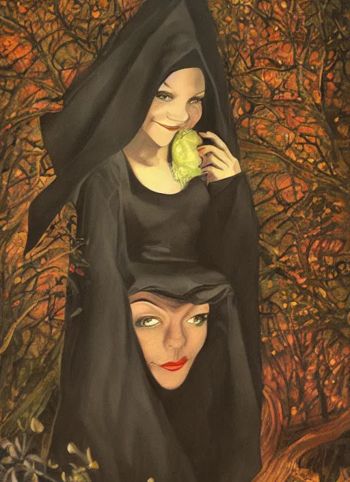 Prompt: a painting of portrait of a smiling wickedly witch with an hood in a forest by night, light from bottom, dark fantasy