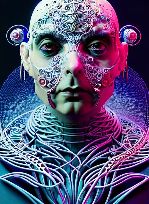 Prompt: portrait of an absurdly beautiful, graceful, sophisticated, fashionable cyberpunk mechanoid rowan atkinson, hyperdetailed illustration by irakli nadar and alexandre ferra, volumetric lighting, celtic fantasy art, psychedelic, intricate, hyper detailed, smooth, vibrant aura, intricate linework, white porcelain skin, faberge, coral