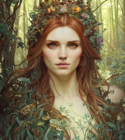 Image similar to beautiful cottagecore woman, intricate, magical forest, stunning, highly detailed, digital painting, artstation, concept art, smooth, sharp, focus, illustration, art by artgerm and greg rutkowski and alphonse mucha