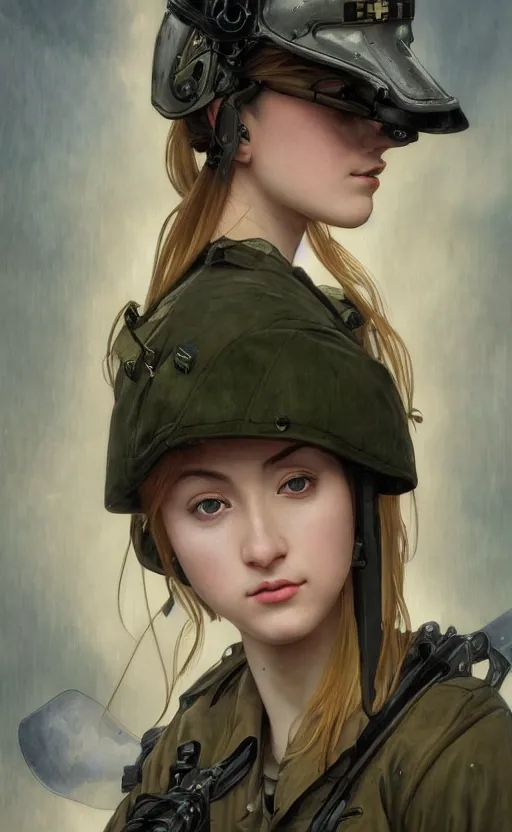 Image similar to portrait of female soldier, trading card front, anime style, hair down, symmetrical facial features, hyper realistic, pale skin, 4k, rule of thirds, extreme detail, detailed drawing, trending artstation, hd, fantasy, D&D, realistic lighting, by Alphonse Mucha, Greg Rutkowski, sharp focus, backlit, military carrier plates